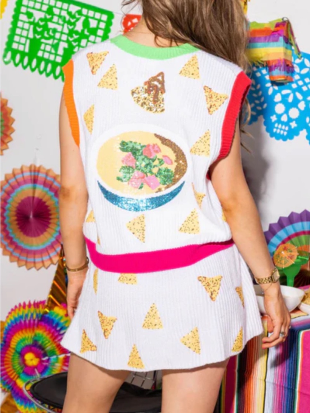 QUEEN OF SPARKLES White Knit Sweater Vest & Skirt Set with Yellow Taco Motif - Picture 5 of 5